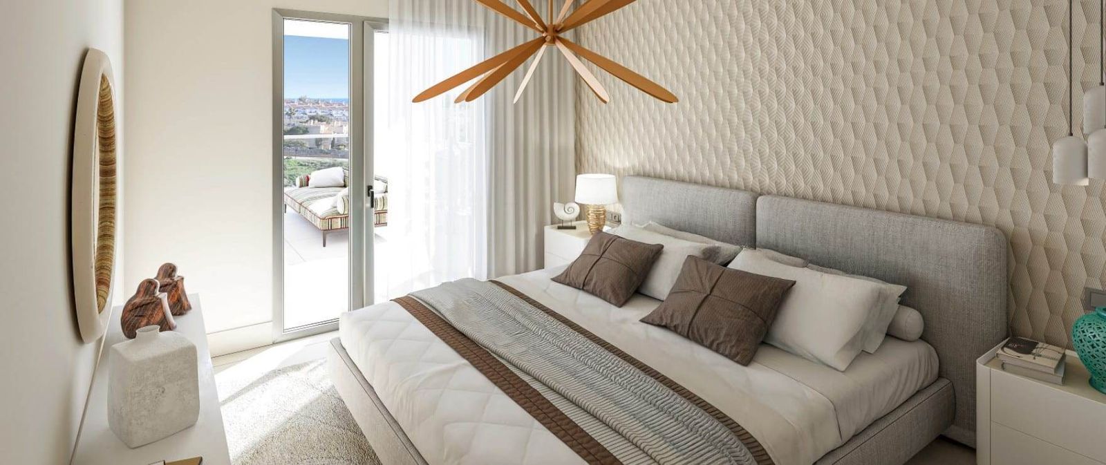 A master bedroom with a large bed, textured wall, and balcony access with an outdoor seating area visible.