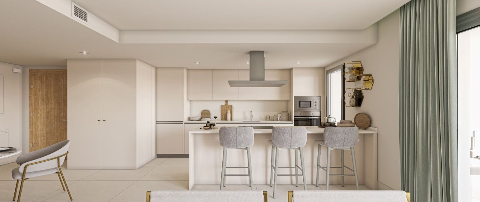 Modern apartment kitchen with breakfast bar and stools, sleek cabinetry, and island in neutral tones.